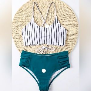 Striped top with blue bottom bikini